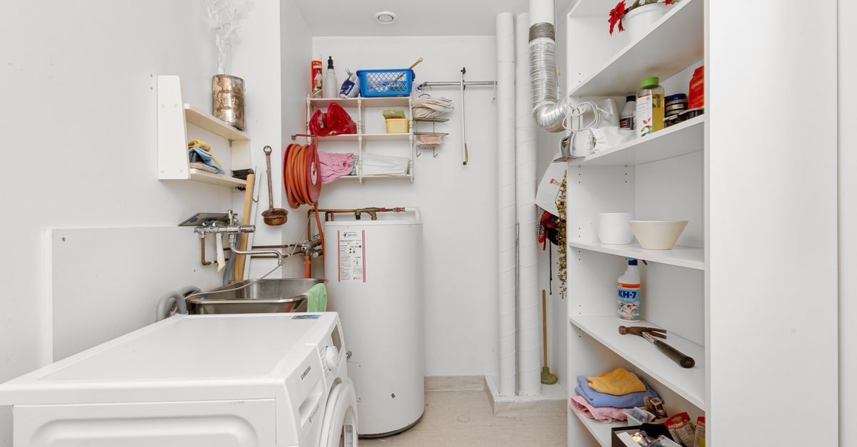 Clean and organized home laundry room with washing machine, shelves, and water heater.
