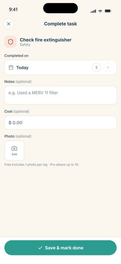 Complete task form with date, optional notes, cost and photo