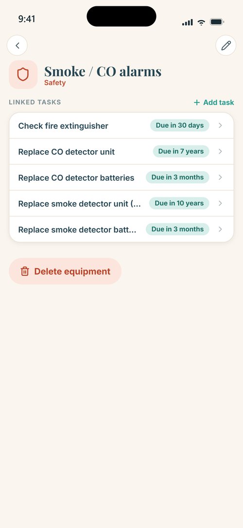 Equipment page for smoke and CO alarms with five linked tasks and their due dates
