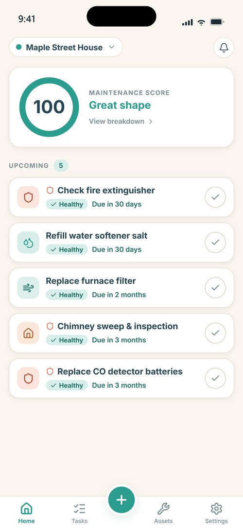 Maintainly home screen showing the Maintenance Score and upcoming tasks