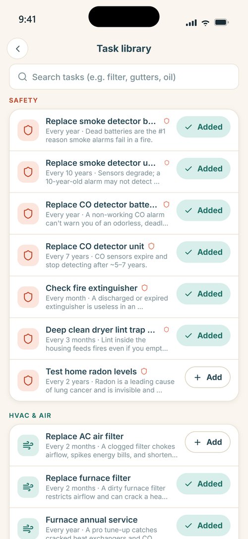 Task library grouped by Safety and HVAC with Add and Added buttons
