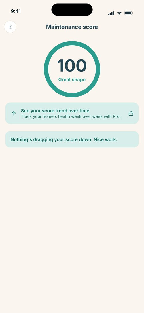 Maintenance score screen with the score ring and the factors affecting it