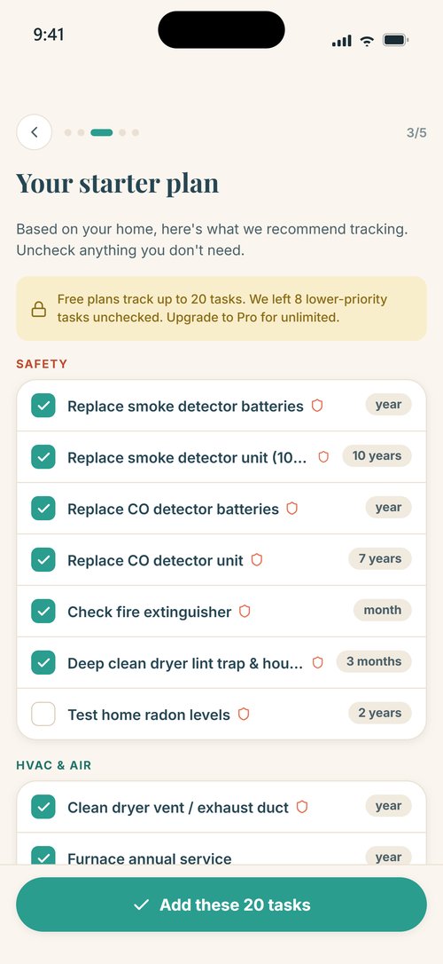 Starter plan during setup, with recommended tasks pre-selected