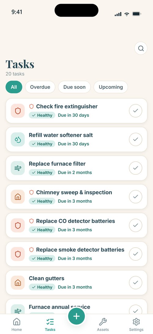 Tasks screen listing 20 tasks with Overdue, Due soon and Upcoming filters